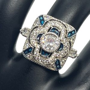 Sterling silver Art Deco inspired geometric clear & blue CZ ring size 7
